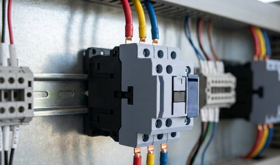 Qué es un contactor, para qué sirve y cómo elegirlo 2 Contactor trifásico montado en riel DIN dentro de un tablero industrial, con los cables que van al motor. (2)