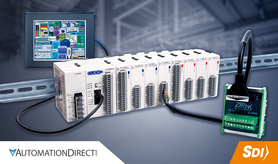 HMI y PLC de automationdirect como núcleo de un sistema automatizado.