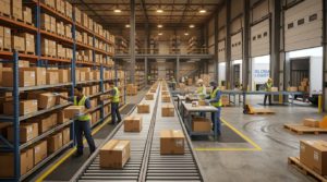 centro distribución conveyor gravedad picking empaque despacho operadores flujo materiales