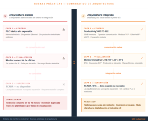 comparativo sistema de monitoreo industrial correcto vs incorrecto PLC visualización
