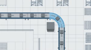 curva gravedad 90 grados conveyor layout almacén cambio dirección flujo materiales