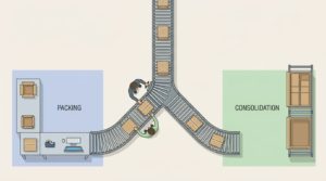 spur desvío conveyor gravedad dos líneas destino almacén empaque consolidación