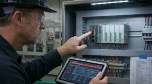 PLC conveyor diagnostico LED indicadores panel control IO comunicaciones programa firmware sdi