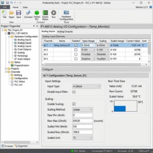 Productivity Suite configuracion entradas analogicas PLC escalado 4-20mA proceso temperatura presion